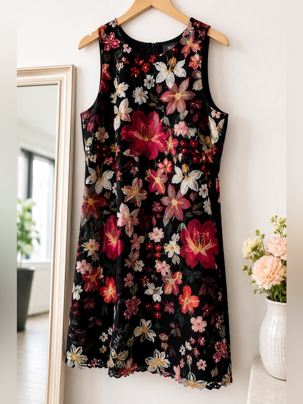 Sam Edelman Black Dress with Vibrant Floral Embroidery